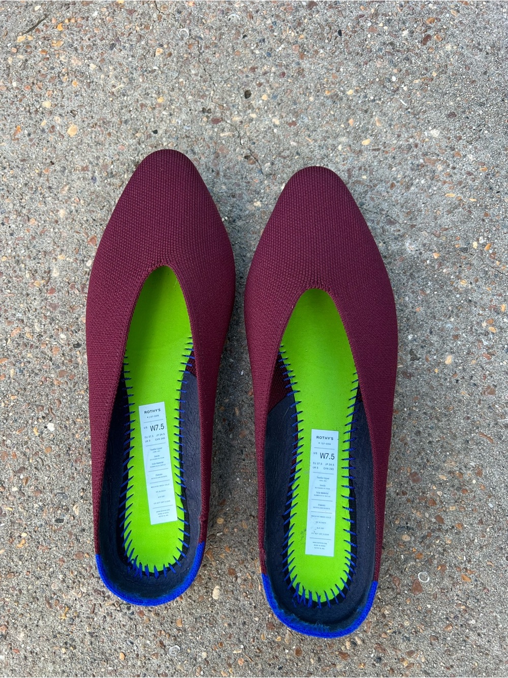 Rothy's Burgundy Knit Slip-On Flats with Lime Green Insole